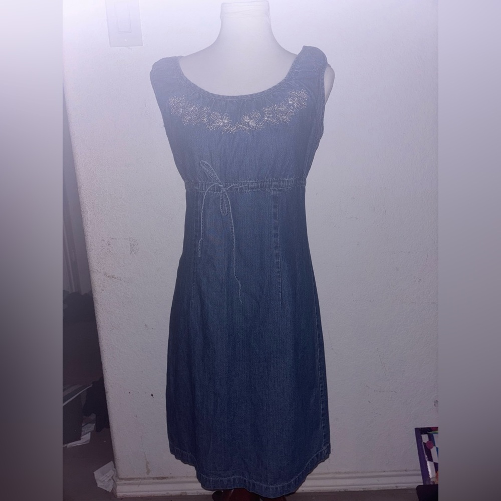 Vintage Faded Glory Babydoll Denim Dress Womens Sz S Embroidered Y2K 90s Grunge